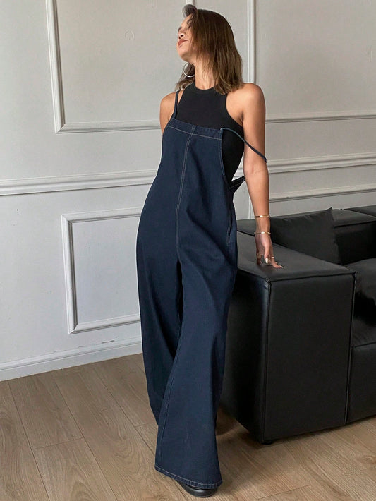 CM-JS900201 Women Casual Seoul Style Dark Wash Spaghetti Strap Loose Pocketed Wide Leg Denim Jumpsuit