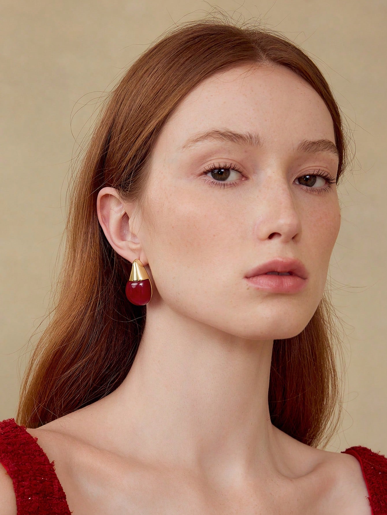 CM-AXS275706 Women Trendy Seoul Style Red Geometric Drop Stud Earrings