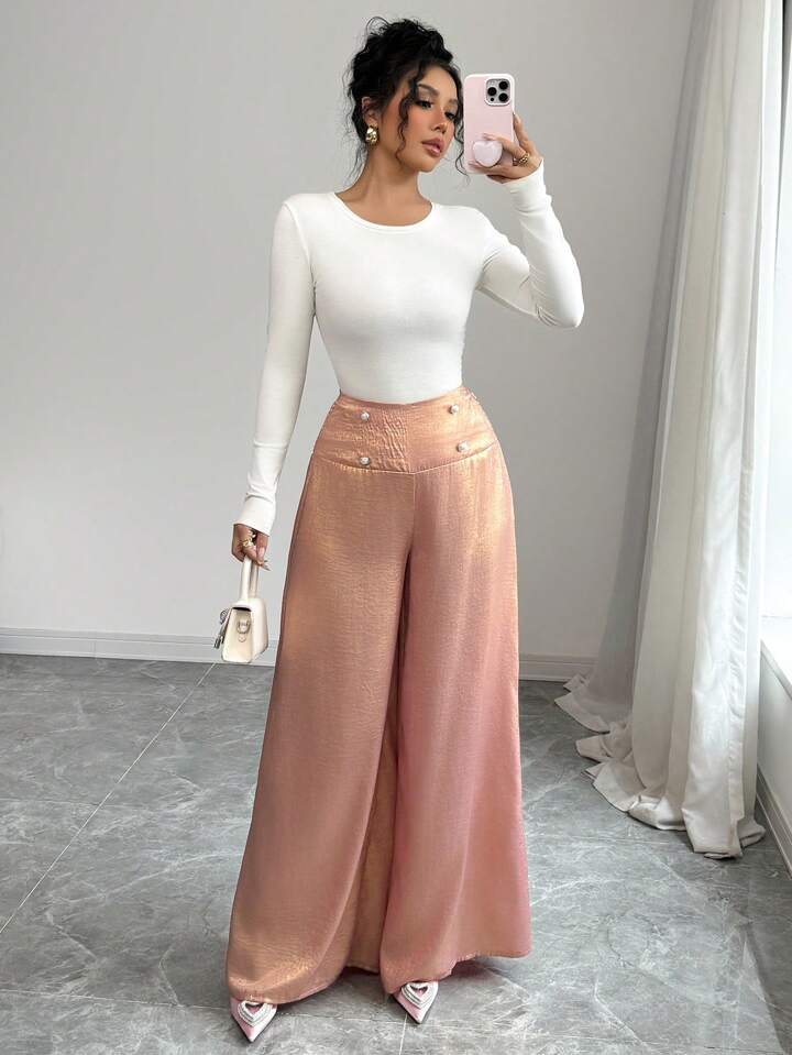 CM-BS665645 Women Elegant Seoul Style Ruffle Waist Loose Wide Leg Pants - Pink