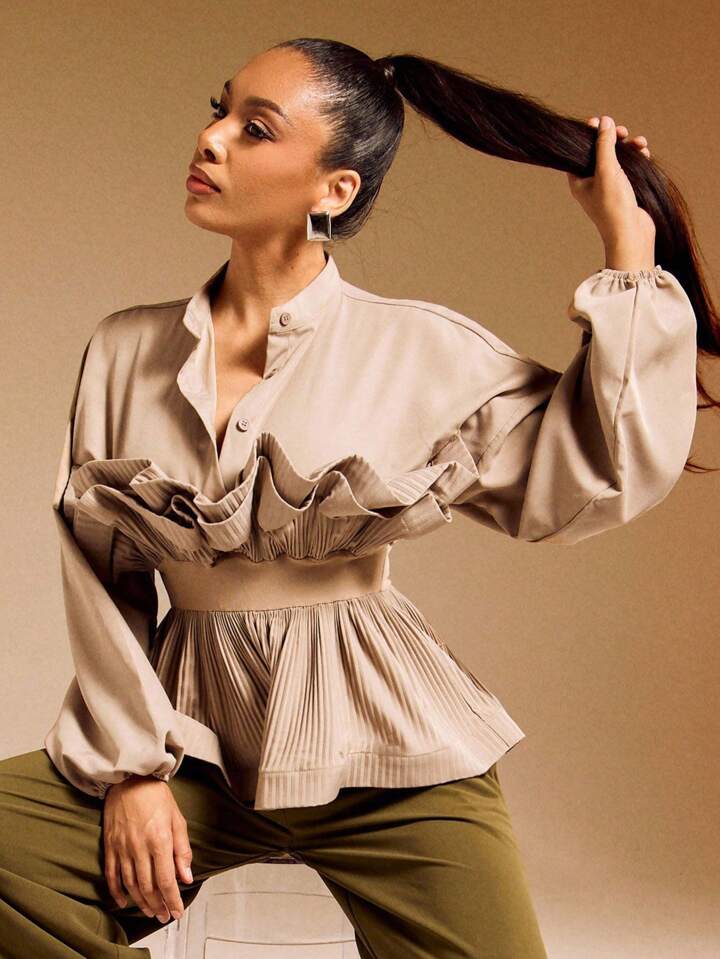 CM-TS852003 Women Elegant Seoul Style Stand Collar 3/4 Sleeve Ruffle Peplum Balloon Sleeve Woven Top - Khaki