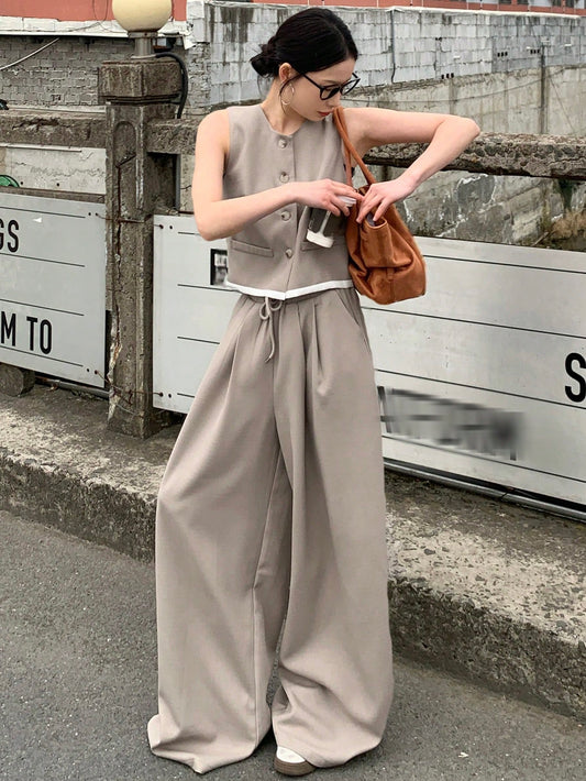 CM-SS900249 Women Casual Seoul Style Round Neck Colorblock Vest With Wide Leg Pants - Set