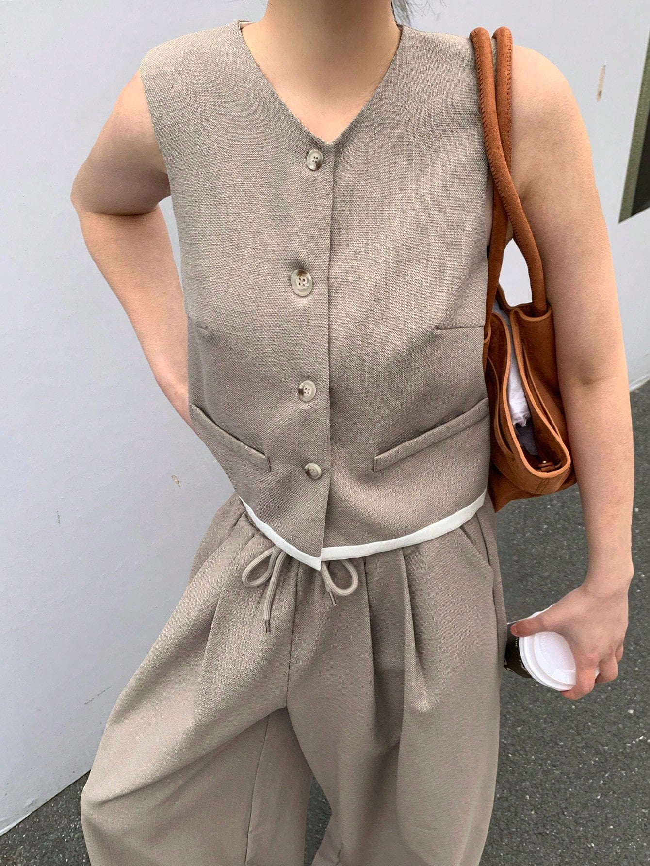 CM-SS900249 Women Casual Seoul Style Round Neck Colorblock Vest With Wide Leg Pants - Set
