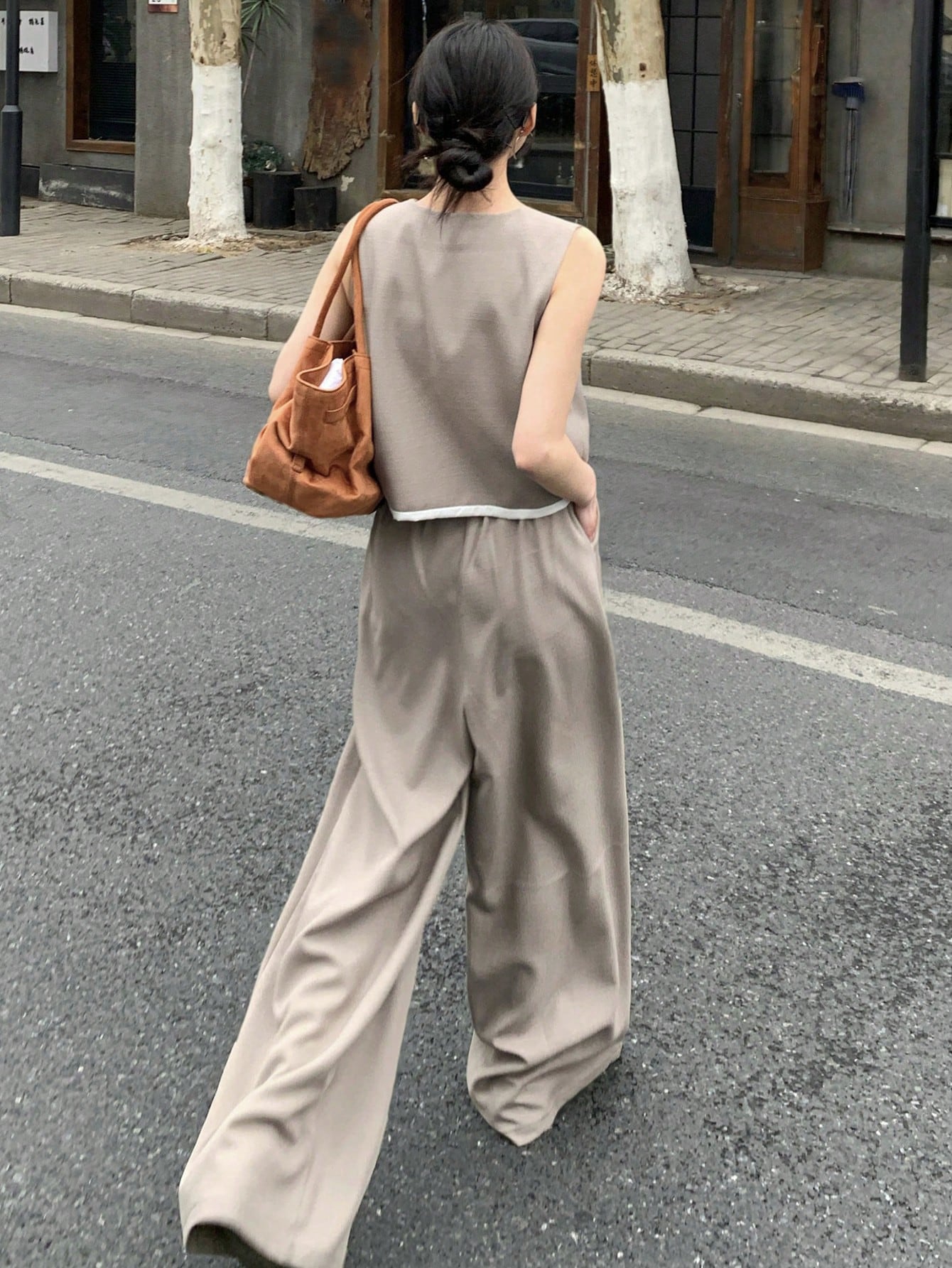 CM-SS900249 Women Casual Seoul Style Round Neck Colorblock Vest With Wide Leg Pants - Set