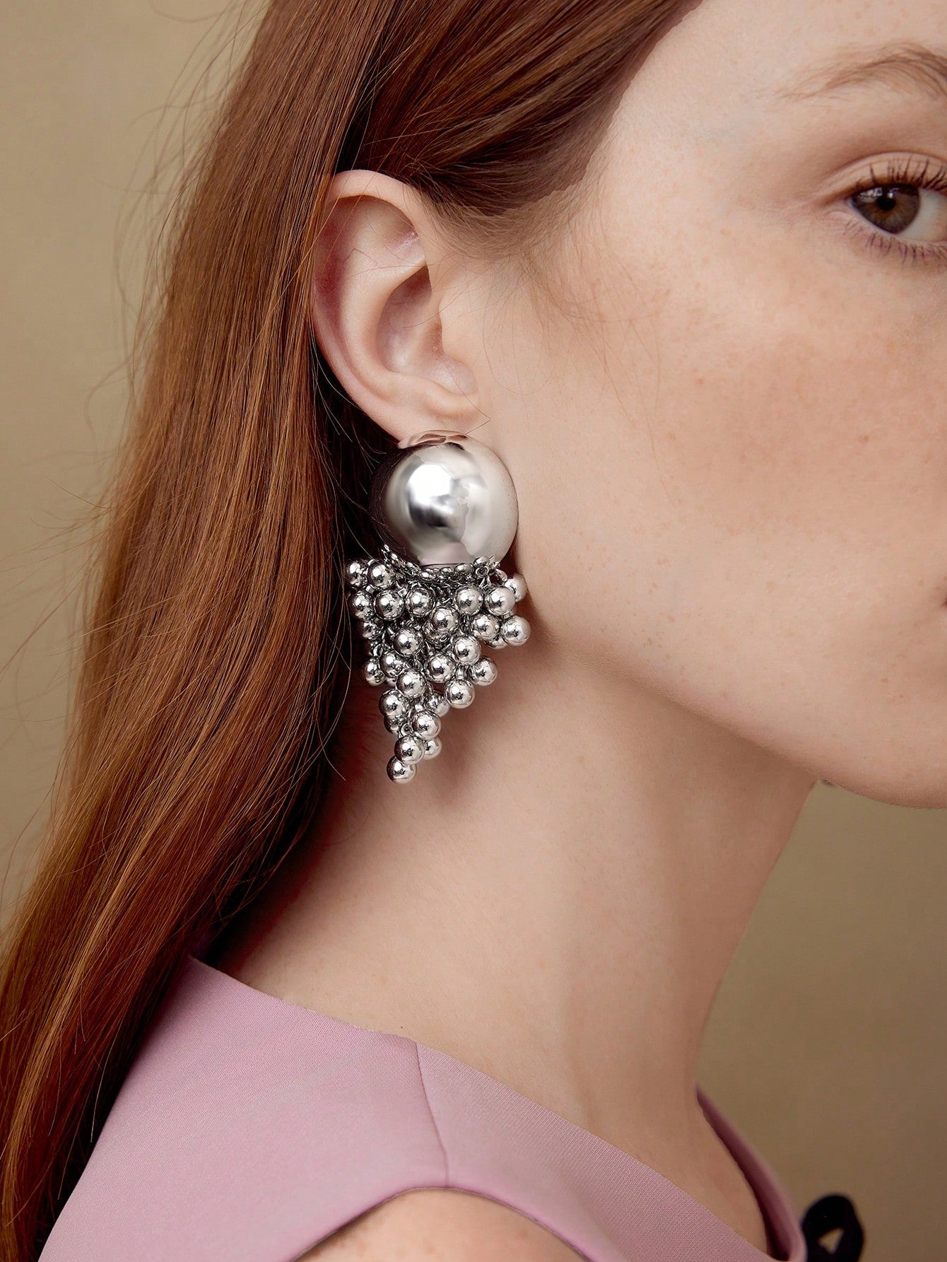 CM-AXS215726 Women Trendy Seoul Style Half Ball Beaded Tassel Dangle Earrings - Silver