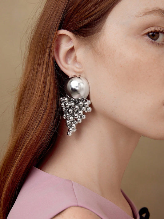 CM-AXS215726 Women Trendy Seoul Style Half Ball Beaded Tassel Dangle Earrings - Silver