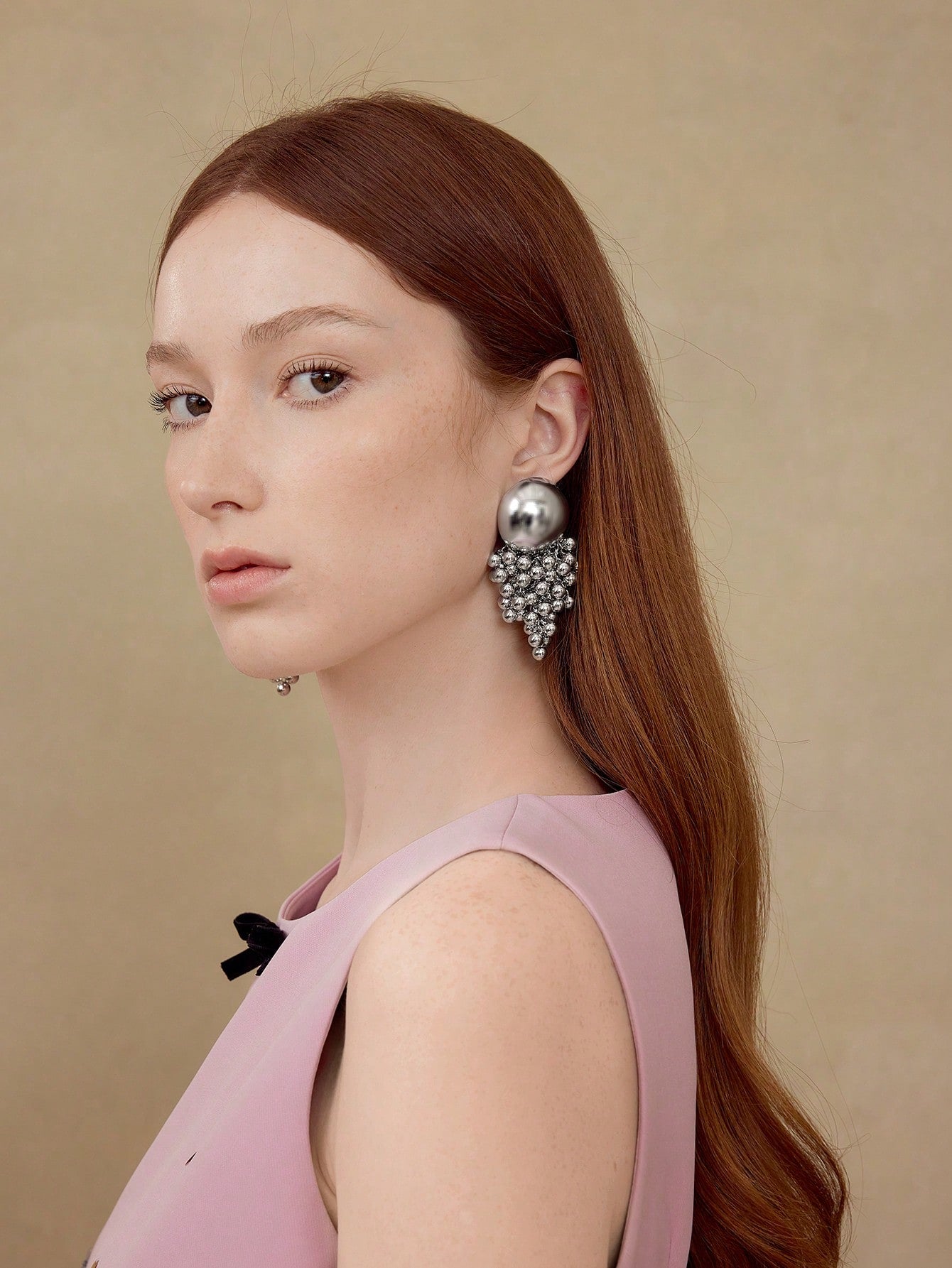 CM-AXS215726 Women Trendy Seoul Style Half Ball Beaded Tassel Dangle Earrings - Silver