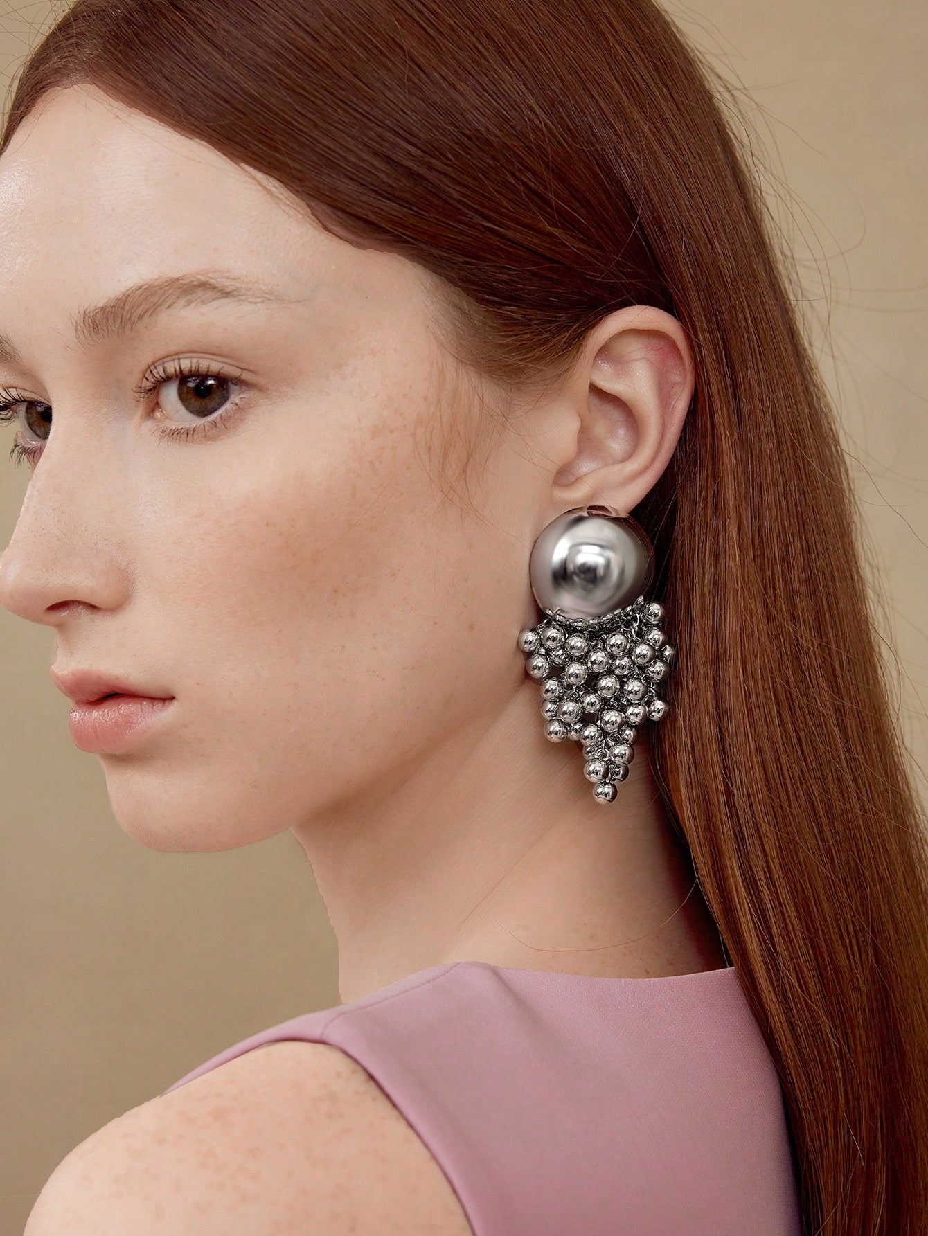 CM-AXS215726 Women Trendy Seoul Style Half Ball Beaded Tassel Dangle Earrings - Silver