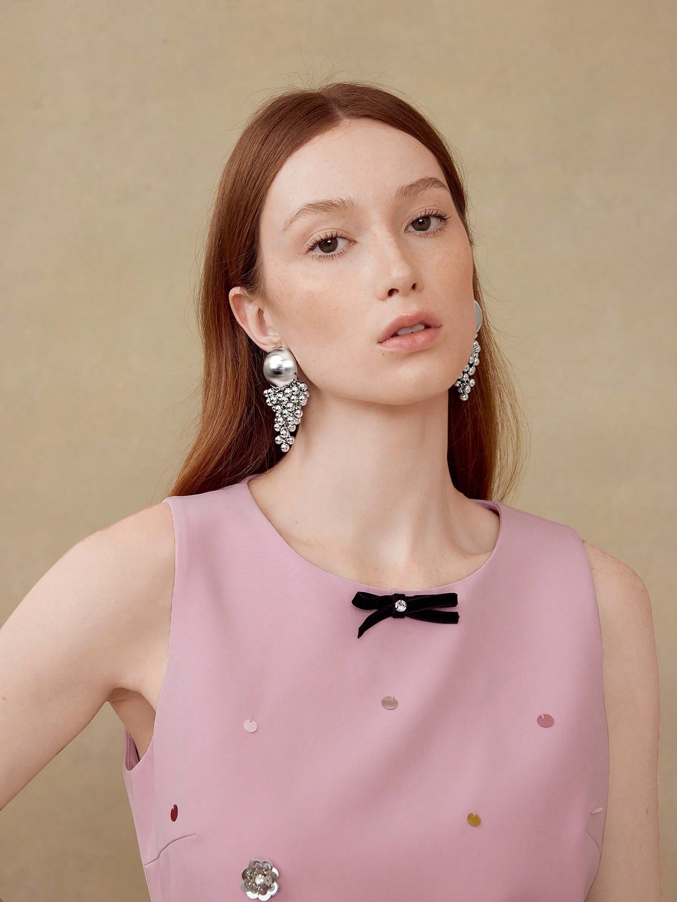 CM-AXS215726 Women Trendy Seoul Style Half Ball Beaded Tassel Dangle Earrings - Silver