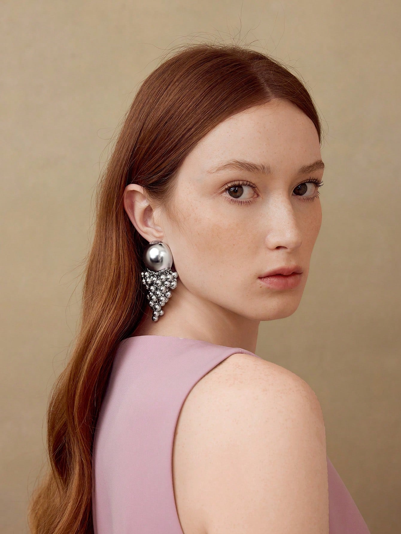 CM-AXS215726 Women Trendy Seoul Style Half Ball Beaded Tassel Dangle Earrings - Silver