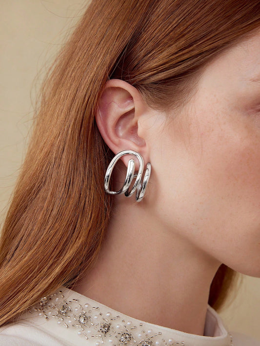 CM-AXS149923 Women Trendy Seoul Style Faux Layered Hoop Earrings - Silver