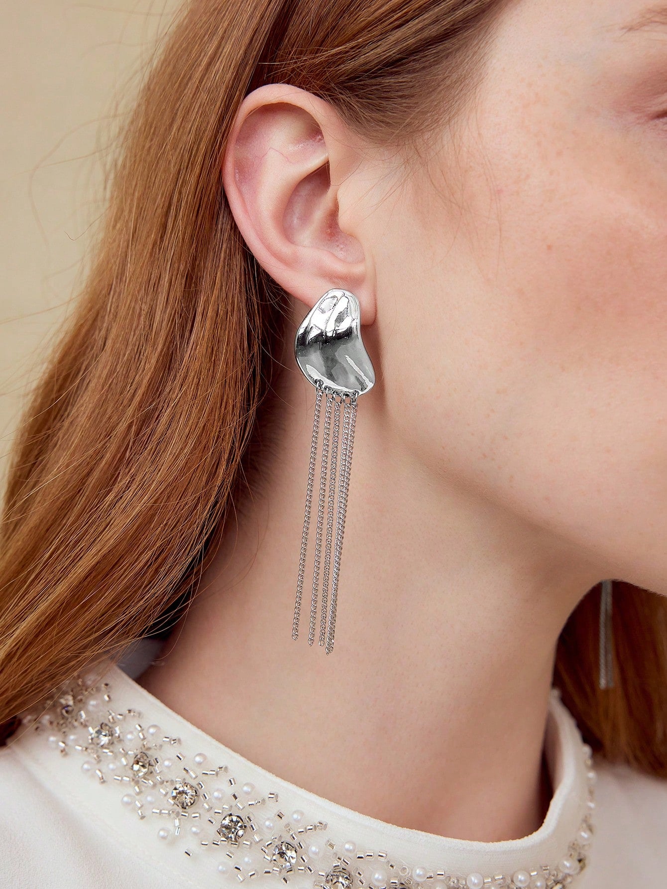CM-AXS884405 Women Trendy Seoul Style Asymmetrical Chain Fringe Dangle Earrings - Silver