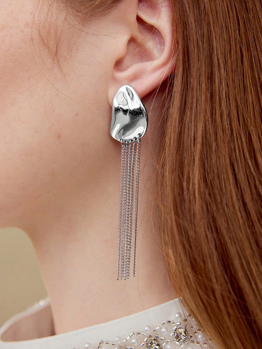 CM-AXS884405 Women Trendy Seoul Style Asymmetrical Chain Fringe Dangle Earrings - Silver