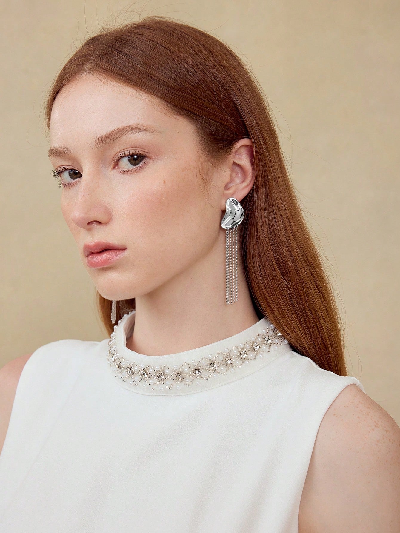 CM-AXS884405 Women Trendy Seoul Style Asymmetrical Chain Fringe Dangle Earrings - Silver