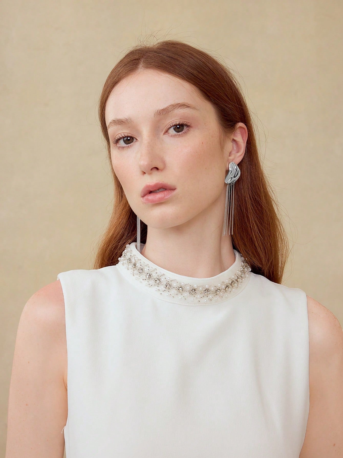 CM-AXS884405 Women Trendy Seoul Style Asymmetrical Chain Fringe Dangle Earrings - Silver