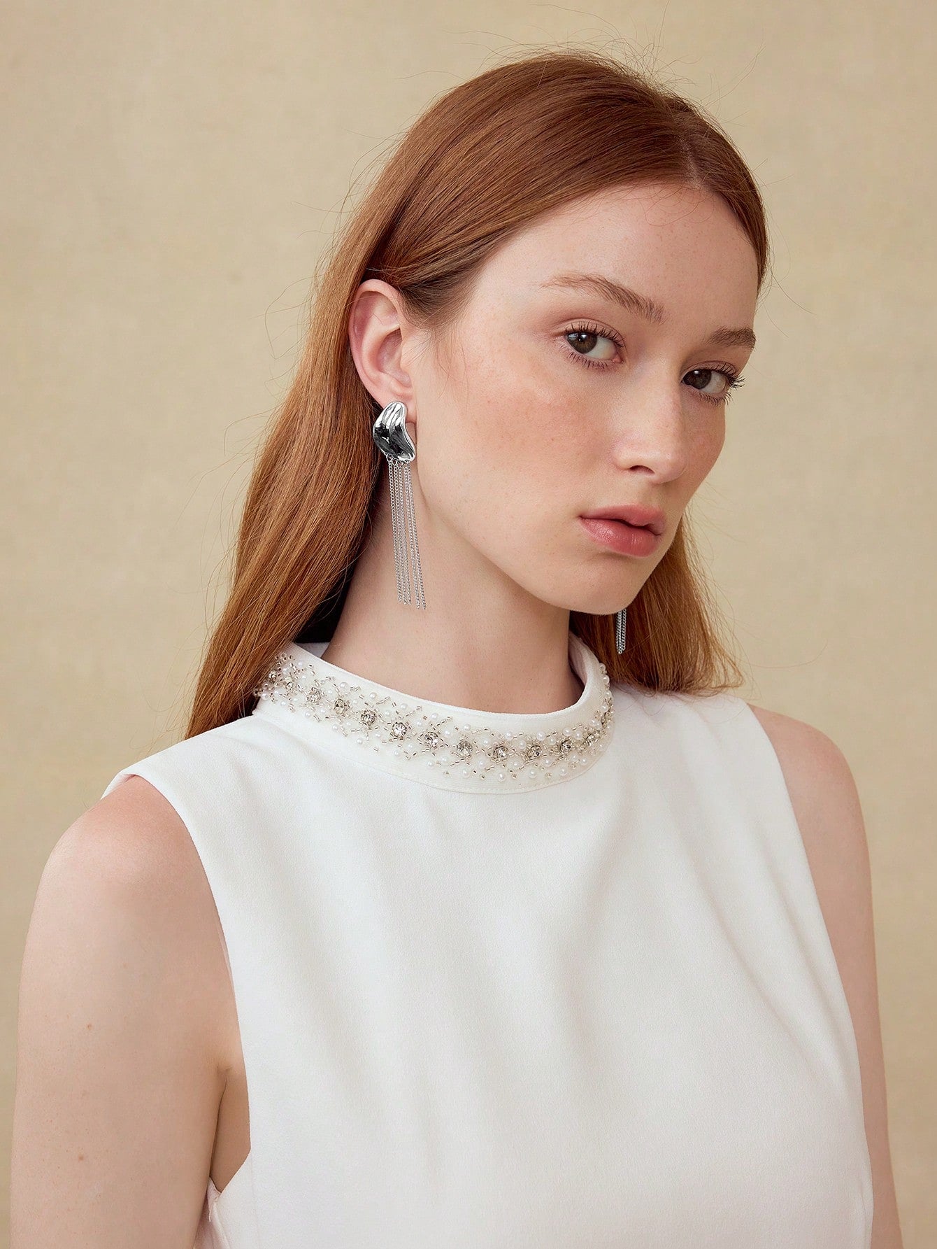 CM-AXS884405 Women Trendy Seoul Style Asymmetrical Chain Fringe Dangle Earrings - Silver