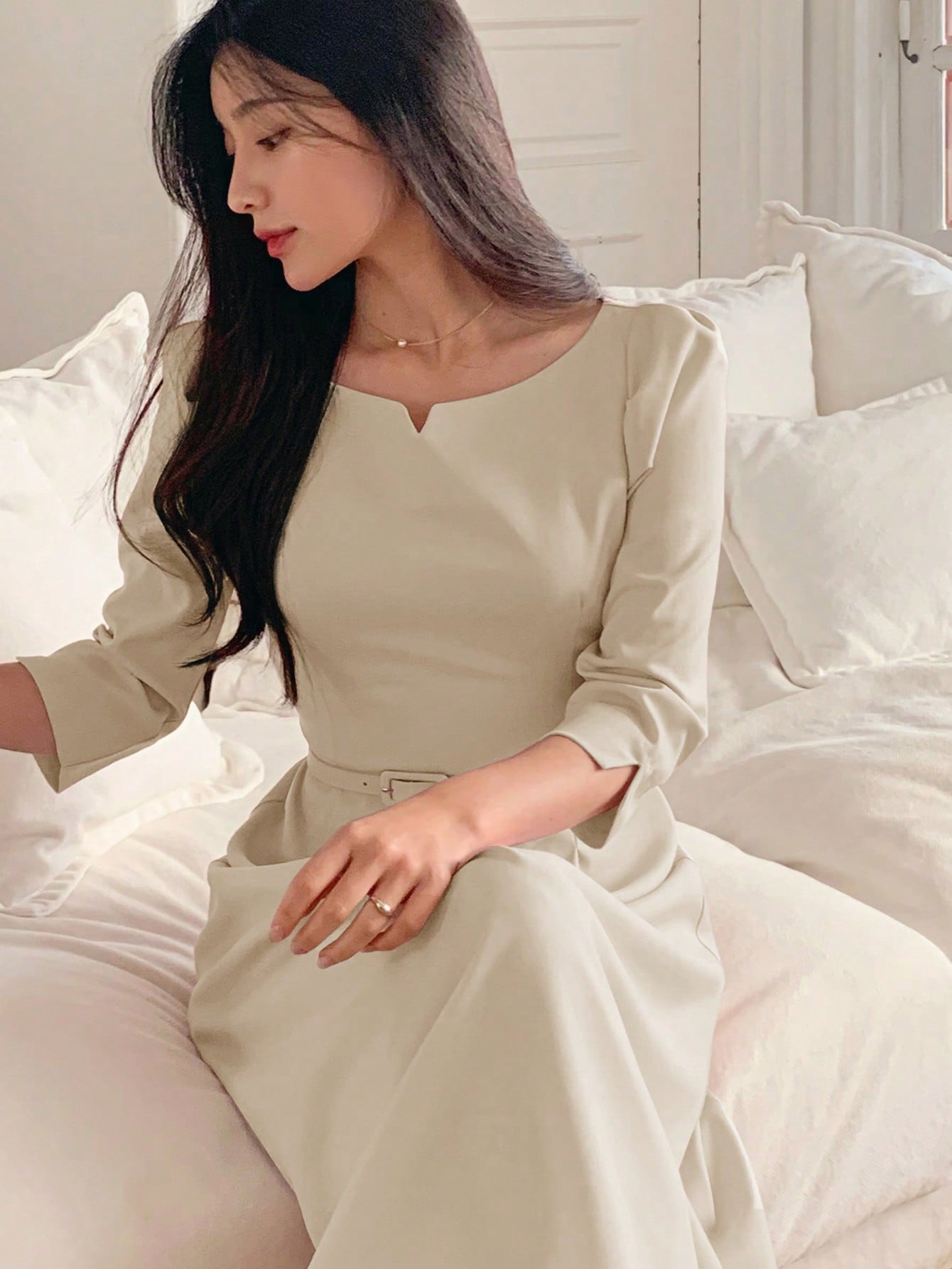 CM-DS529197 Women Elegant Seoul Style Crew Neck Cinched Waist 3/4 Sleeve Mid-Length Dress - Beige