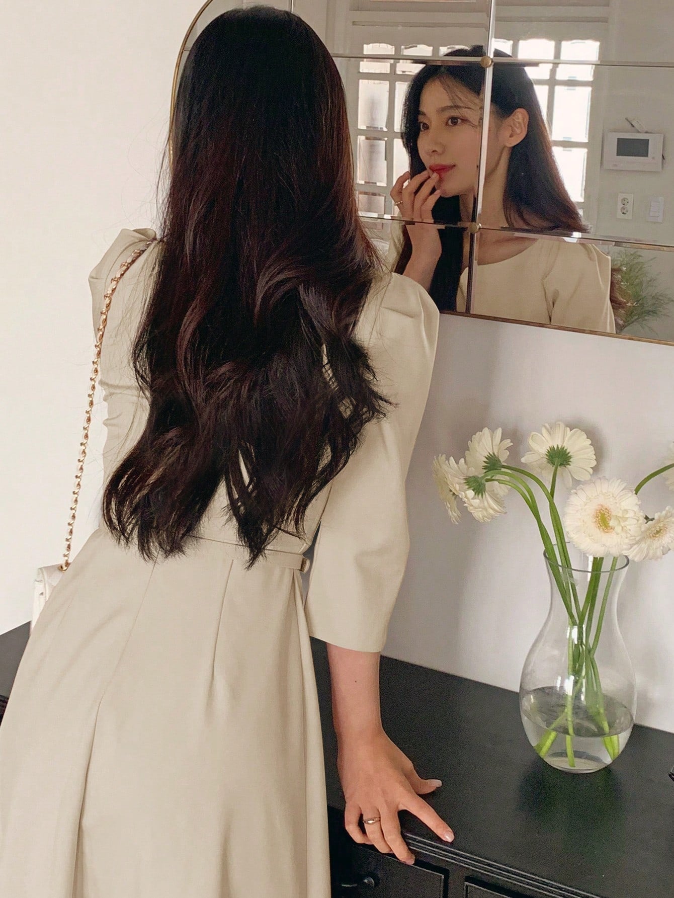 CM-DS529197 Women Elegant Seoul Style Crew Neck Cinched Waist 3/4 Sleeve Mid-Length Dress - Beige