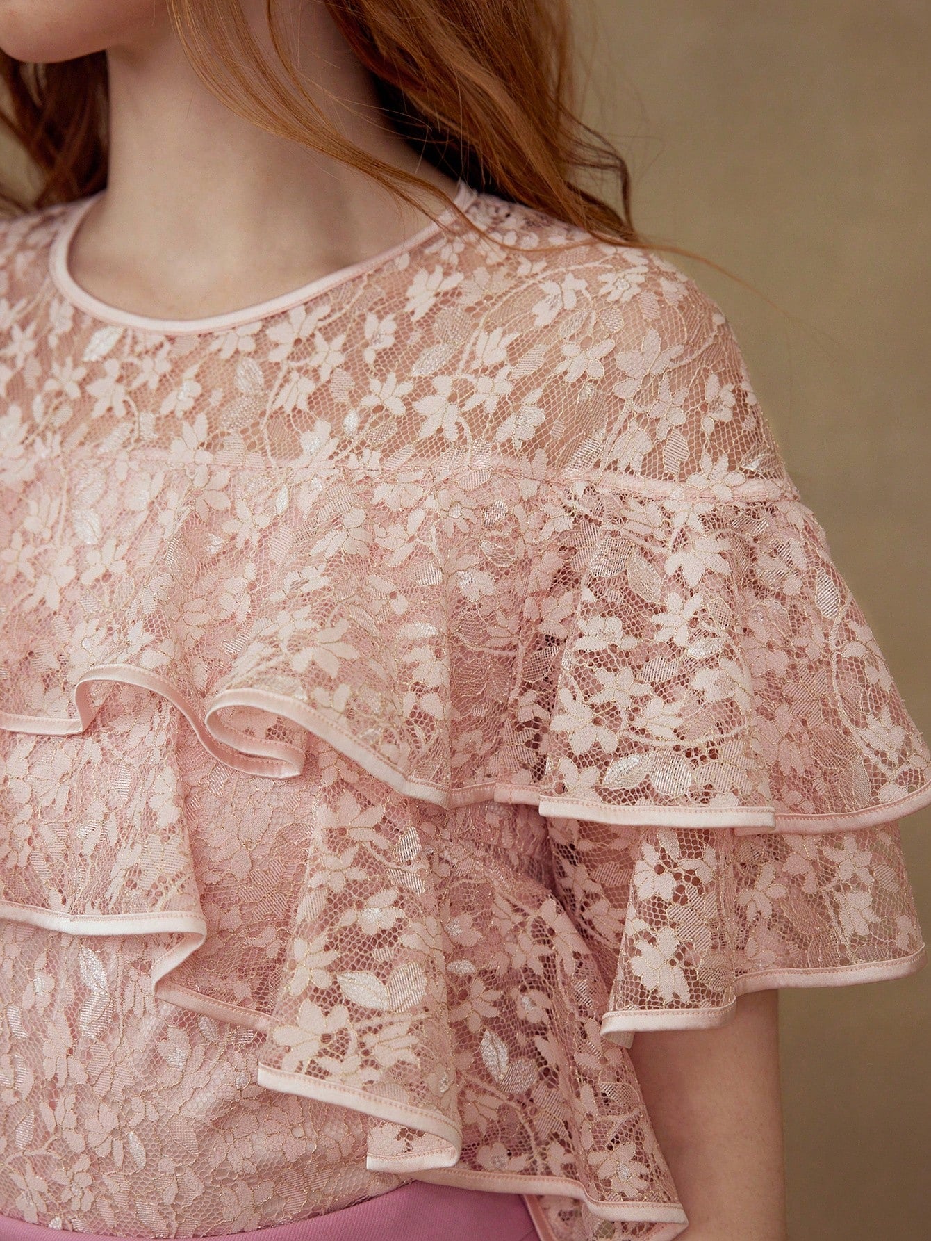 CM-TS544654 Women Elegant Seoul Style Round Neck Flounce Sleeve Lace Ruffle Trim Blouse - Pink