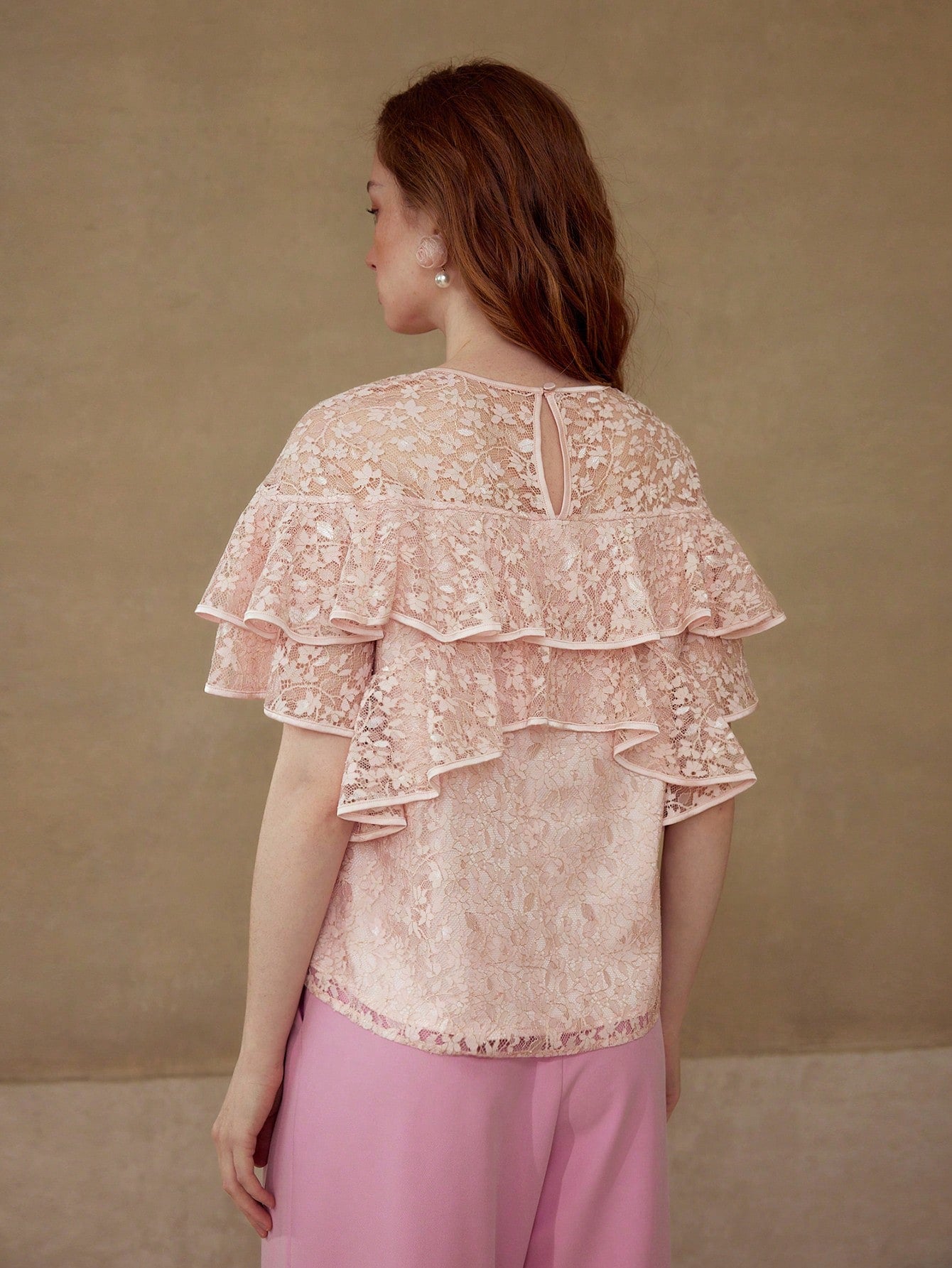 CM-TS544654 Women Elegant Seoul Style Round Neck Flounce Sleeve Lace Ruffle Trim Blouse - Pink