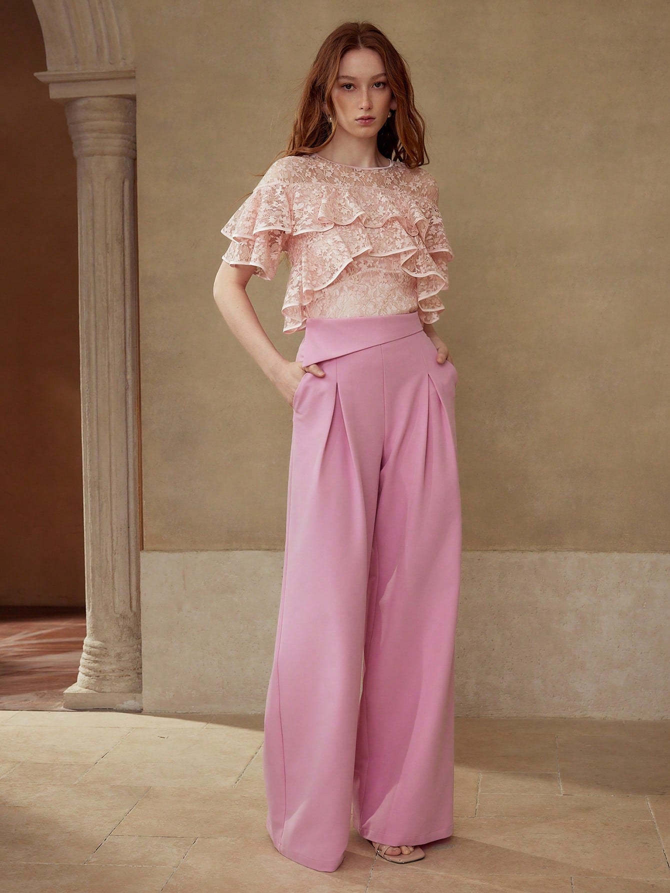 CM-TS544654 Women Elegant Seoul Style Round Neck Flounce Sleeve Lace Ruffle Trim Blouse - Pink