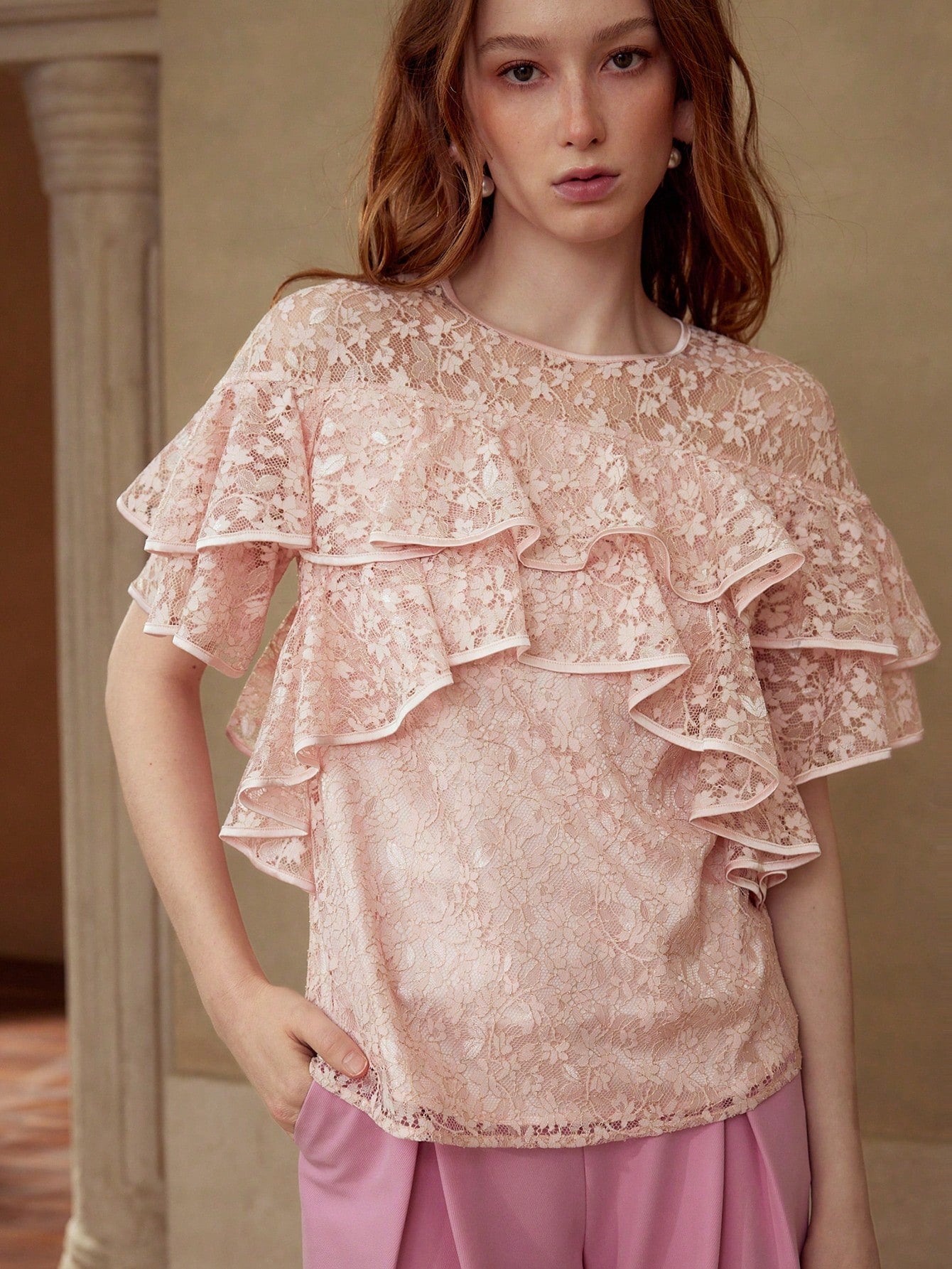 CM-TS544654 Women Elegant Seoul Style Round Neck Flounce Sleeve Lace Ruffle Trim Blouse - Pink