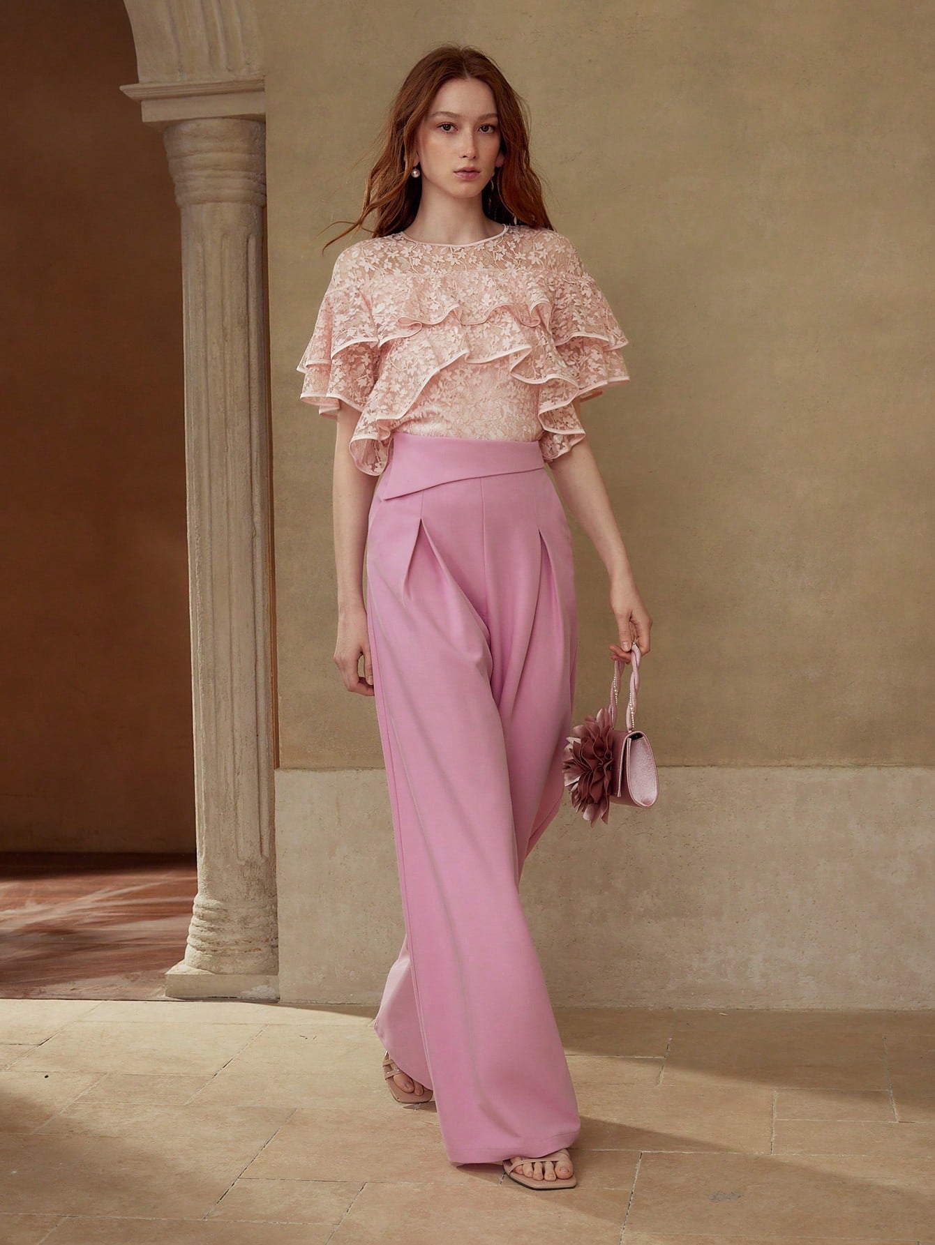 CM-TS544654 Women Elegant Seoul Style Round Neck Flounce Sleeve Lace Ruffle Trim Blouse - Pink