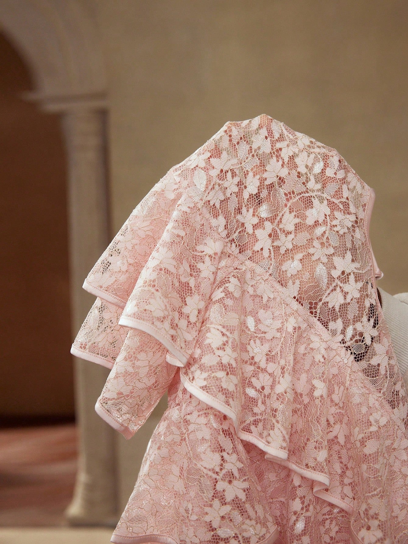CM-TS544654 Women Elegant Seoul Style Round Neck Flounce Sleeve Lace Ruffle Trim Blouse - Pink