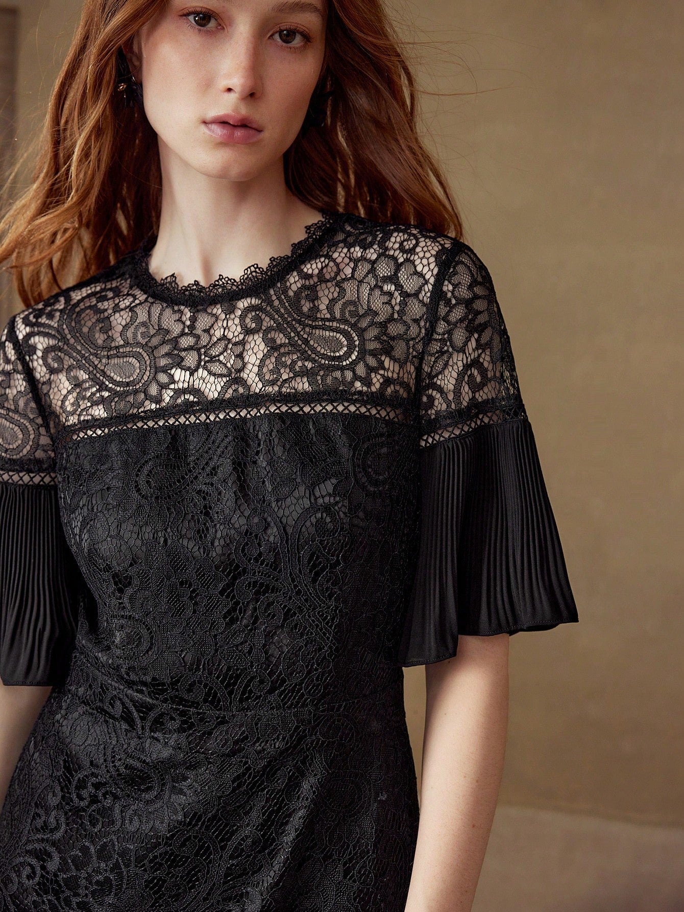 CM-DS443933 Women Elegant Seoul Style Round Neck Flounce Sleeve Contrast Lace Zipper Dress - Black