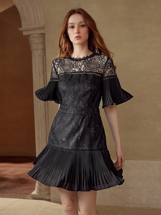 CM-DS443933 Women Elegant Seoul Style Round Neck Flounce Sleeve Contrast Lace Zipper Dress - Black