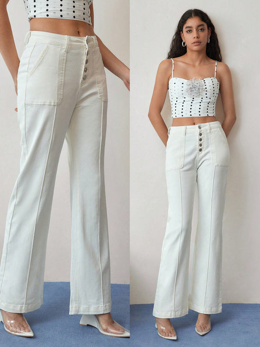 CM-BS135837 Women Casual Seoul Style Button Fly Pintuck Flare Leg Jeans - White