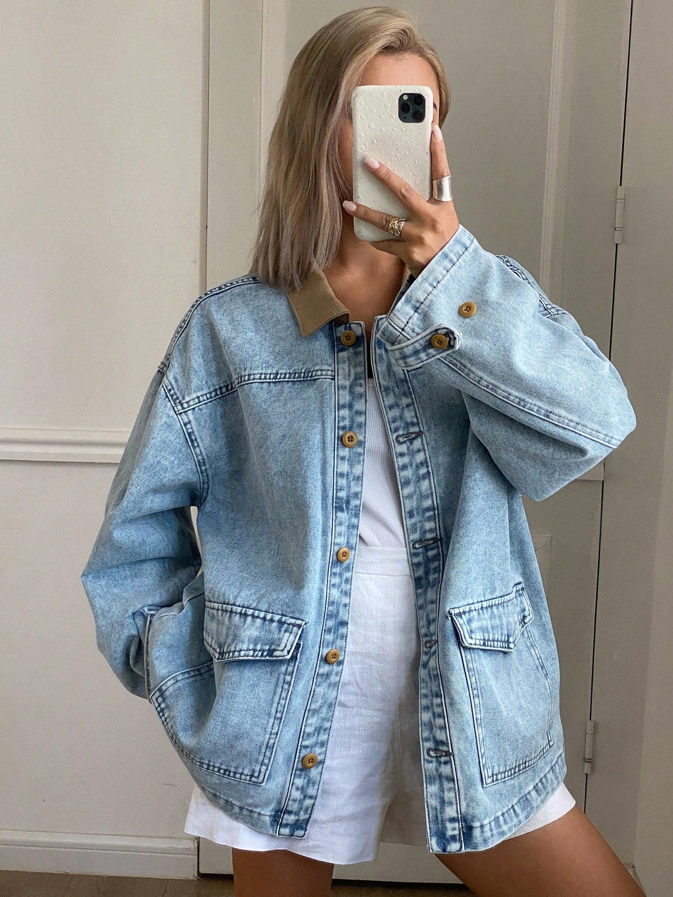 CM-CS047111 Women Casual Seoul Style Medium Wash Contrast Color Collar Necline Long Sleeve Denim Jacket