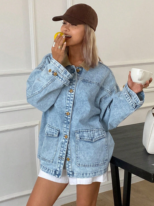 CM-CS047111 Women Casual Seoul Style Medium Wash Contrast Color Collar Necline Long Sleeve Denim Jacket