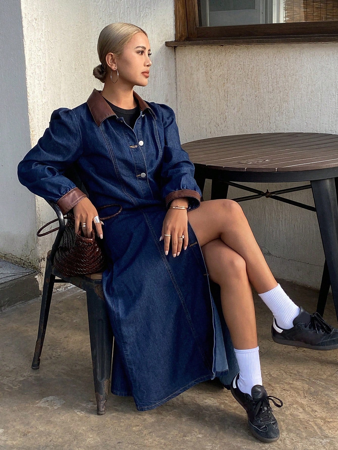 CM-DS816888 Women Casual Seoul Style Contrast Color Collar Bubble Sleeves Long Denim Dress - Blue
