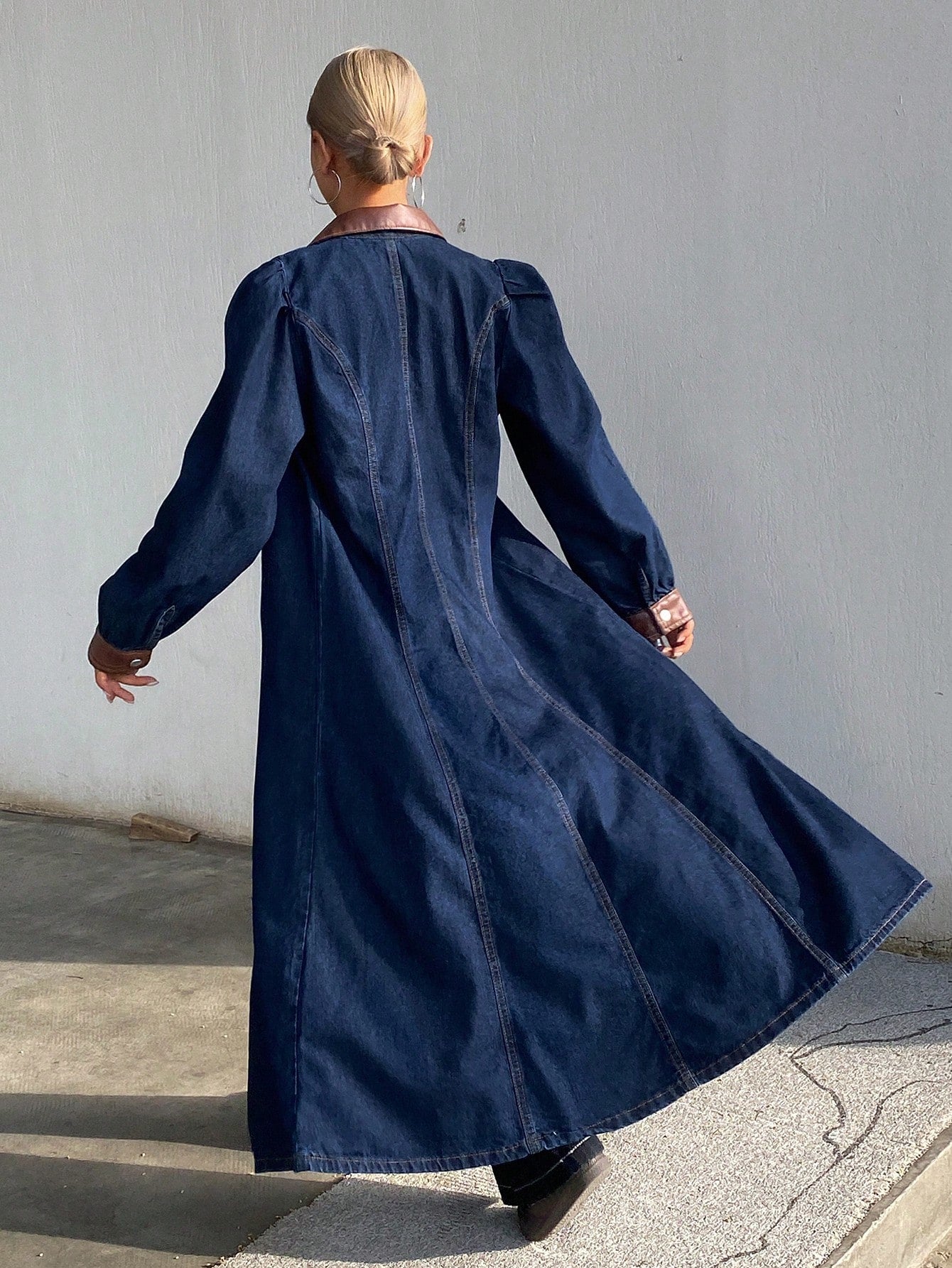 CM-DS816888 Women Casual Seoul Style Contrast Color Collar Bubble Sleeves Long Denim Dress - Blue