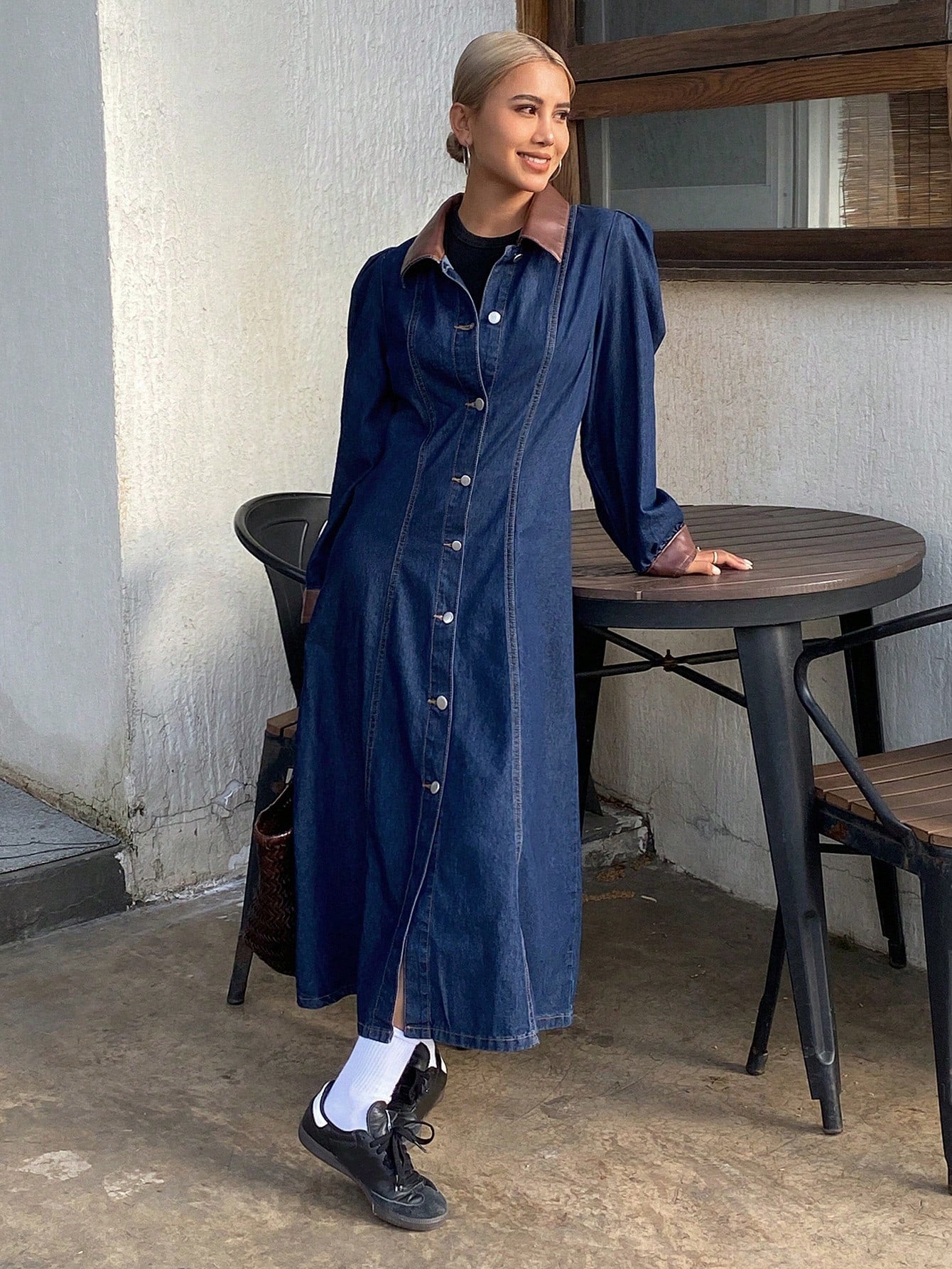 CM-DS816888 Women Casual Seoul Style Contrast Color Collar Bubble Sleeves Long Denim Dress - Blue