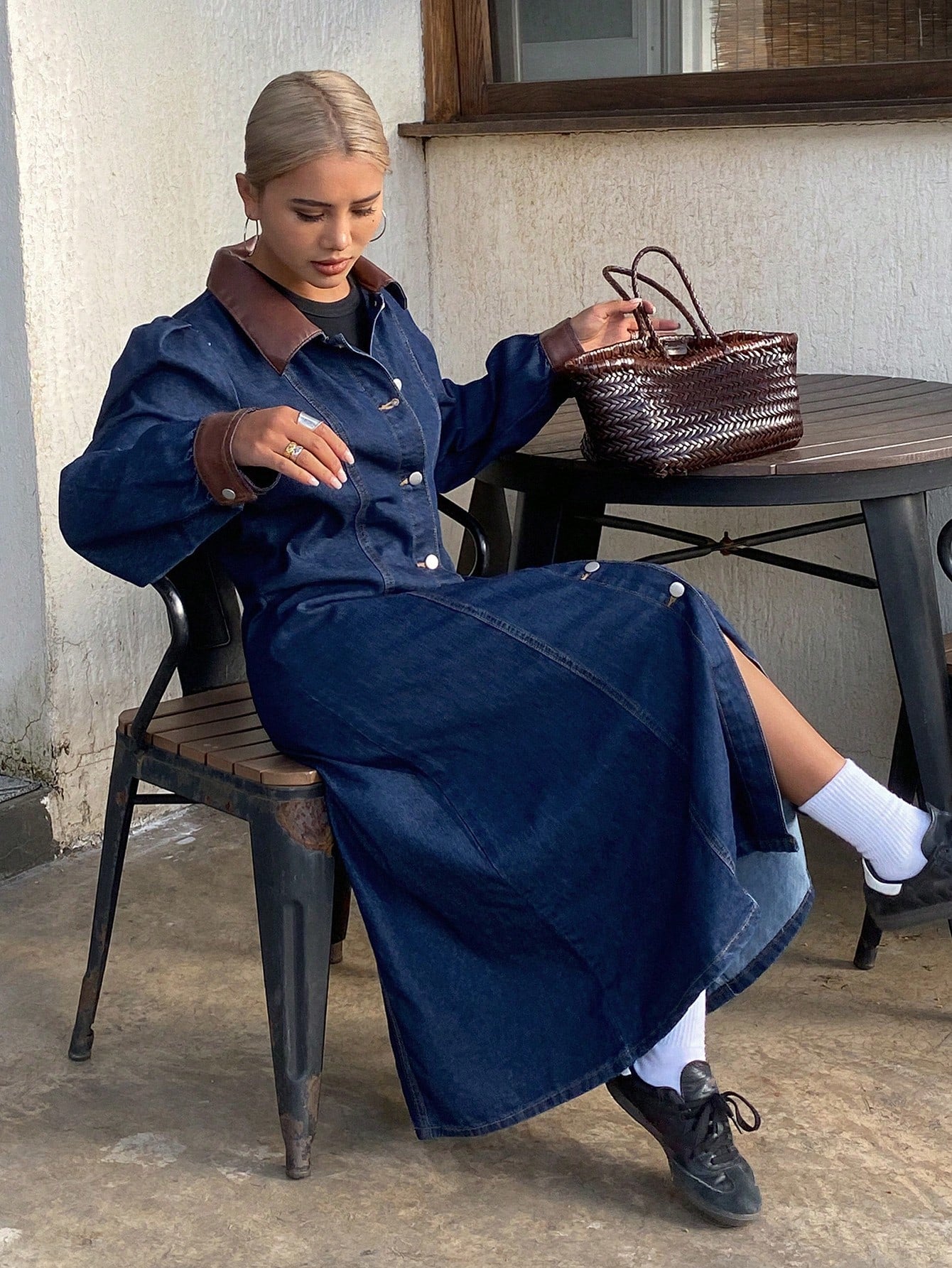 CM-DS816888 Women Casual Seoul Style Contrast Color Collar Bubble Sleeves Long Denim Dress - Blue