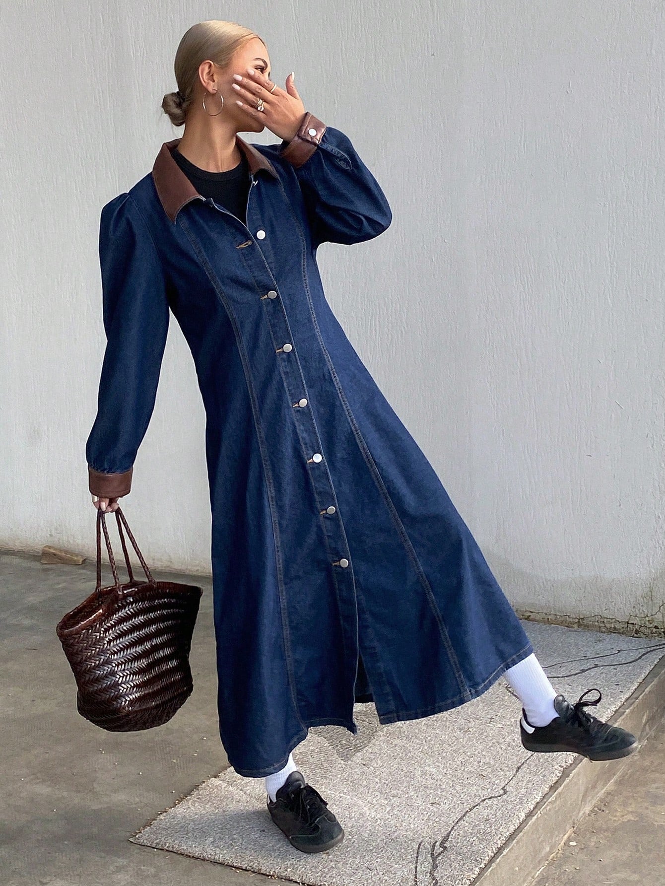CM-DS816888 Women Casual Seoul Style Contrast Color Collar Bubble Sleeves Long Denim Dress - Blue