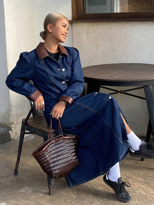 CM-DS816888 Women Casual Seoul Style Contrast Color Collar Bubble Sleeves Long Denim Dress - Blue