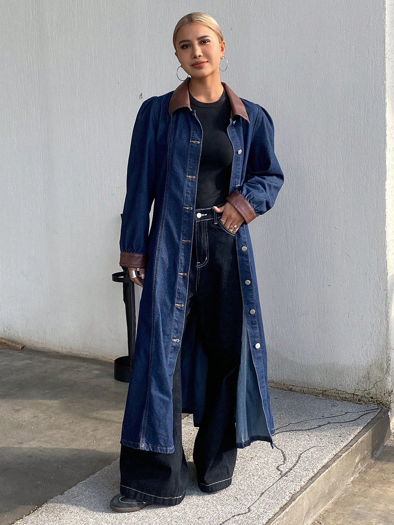 CM-DS816888 Women Casual Seoul Style Contrast Color Collar Bubble Sleeves Long Denim Dress - Blue