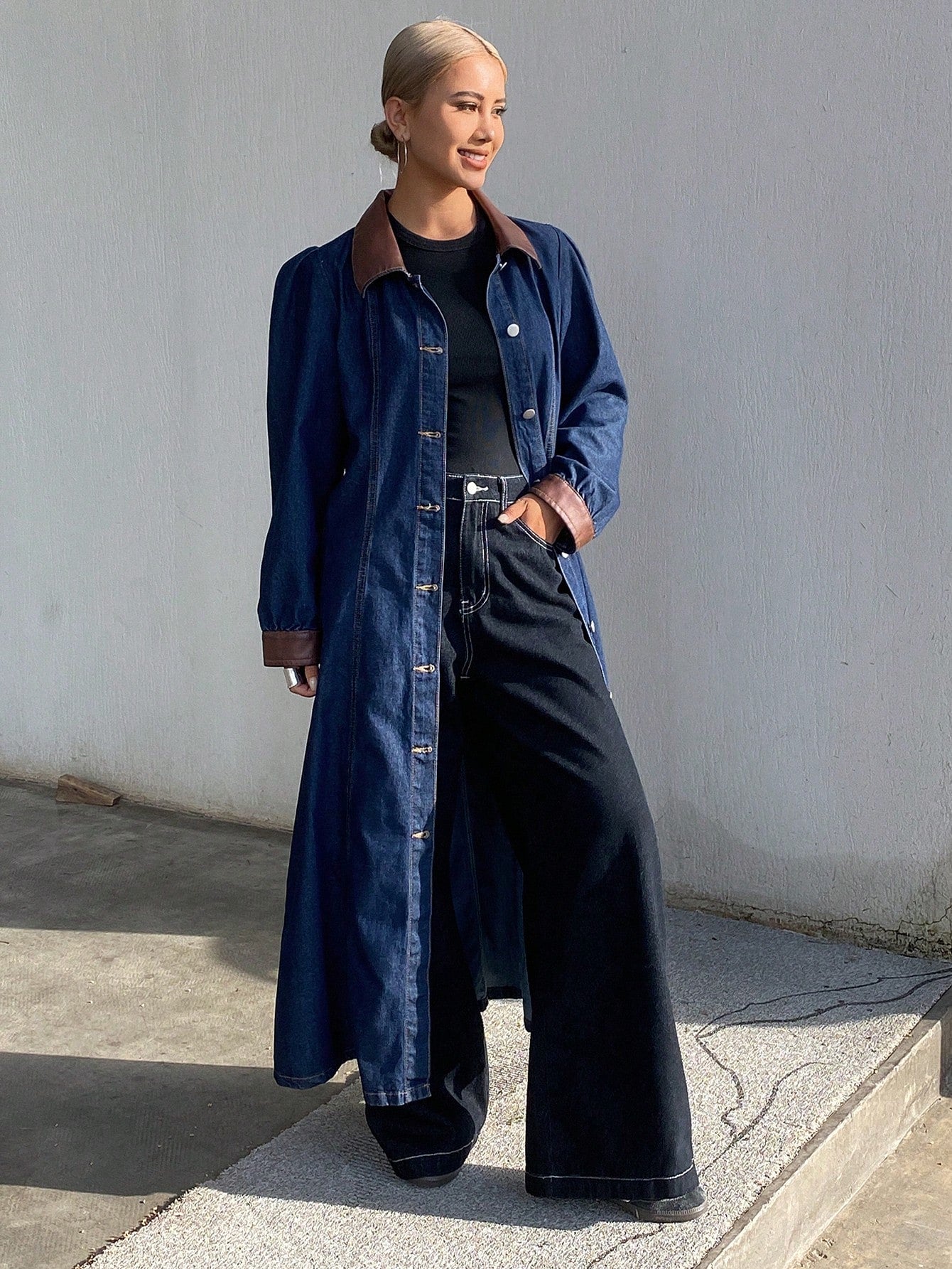 CM-DS816888 Women Casual Seoul Style Contrast Color Collar Bubble Sleeves Long Denim Dress - Blue