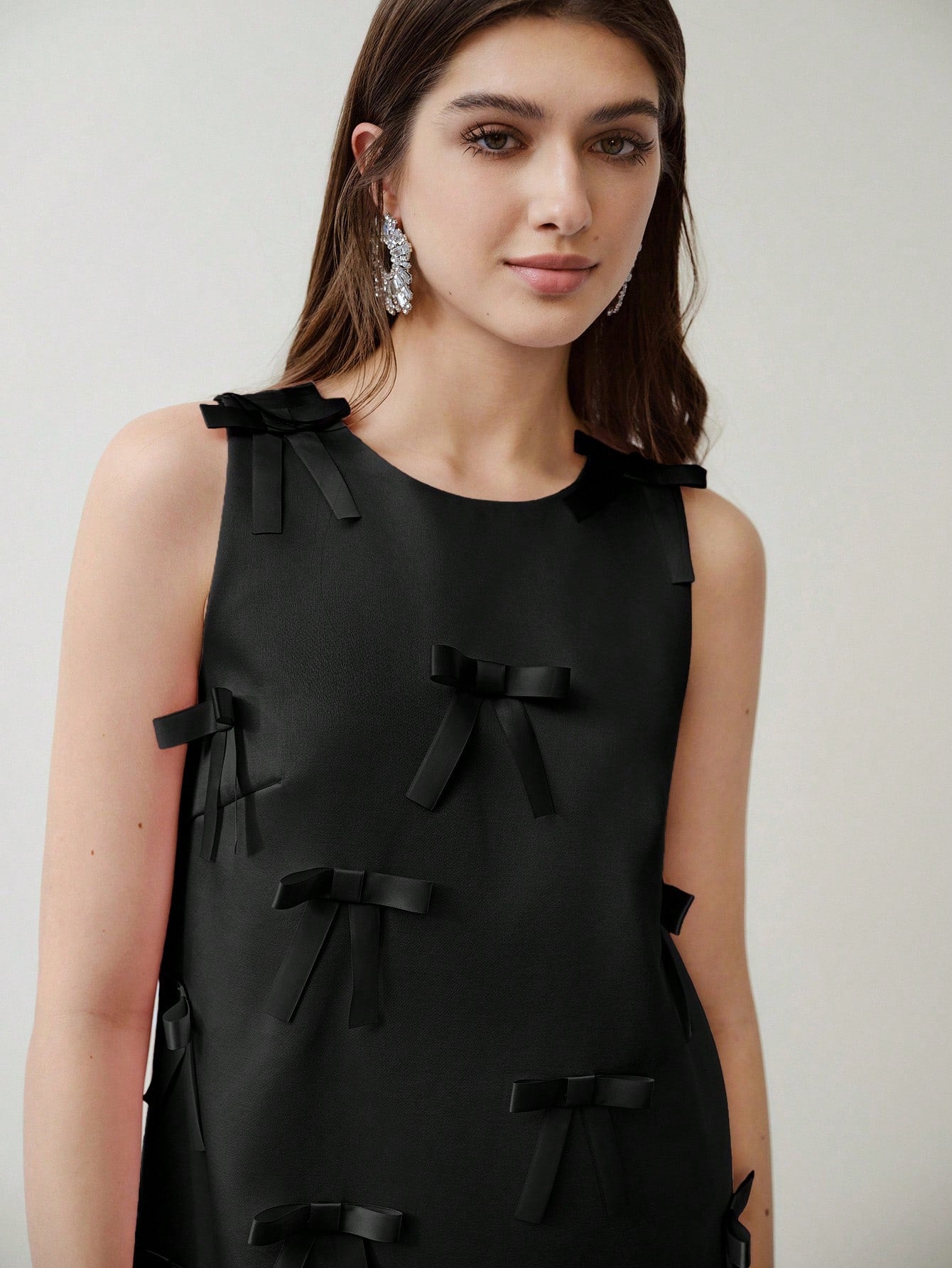 CM-DS900220 Women Elegant Seoul Style Round Neck Sleeveless Bow Decor Short Dress - Black