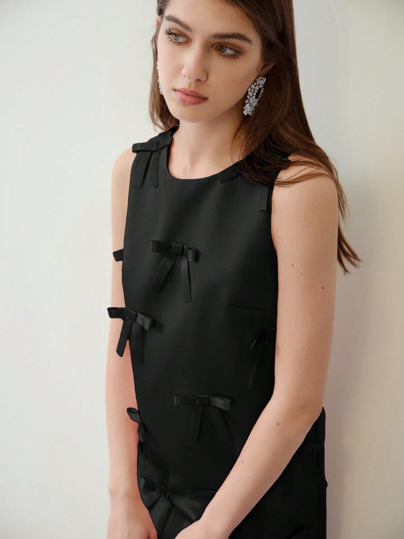 CM-DS900220 Women Elegant Seoul Style Round Neck Sleeveless Bow Decor Short Dress - Black