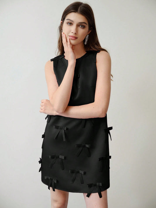 CM-DS900220 Women Elegant Seoul Style Round Neck Sleeveless Bow Decor Short Dress - Black