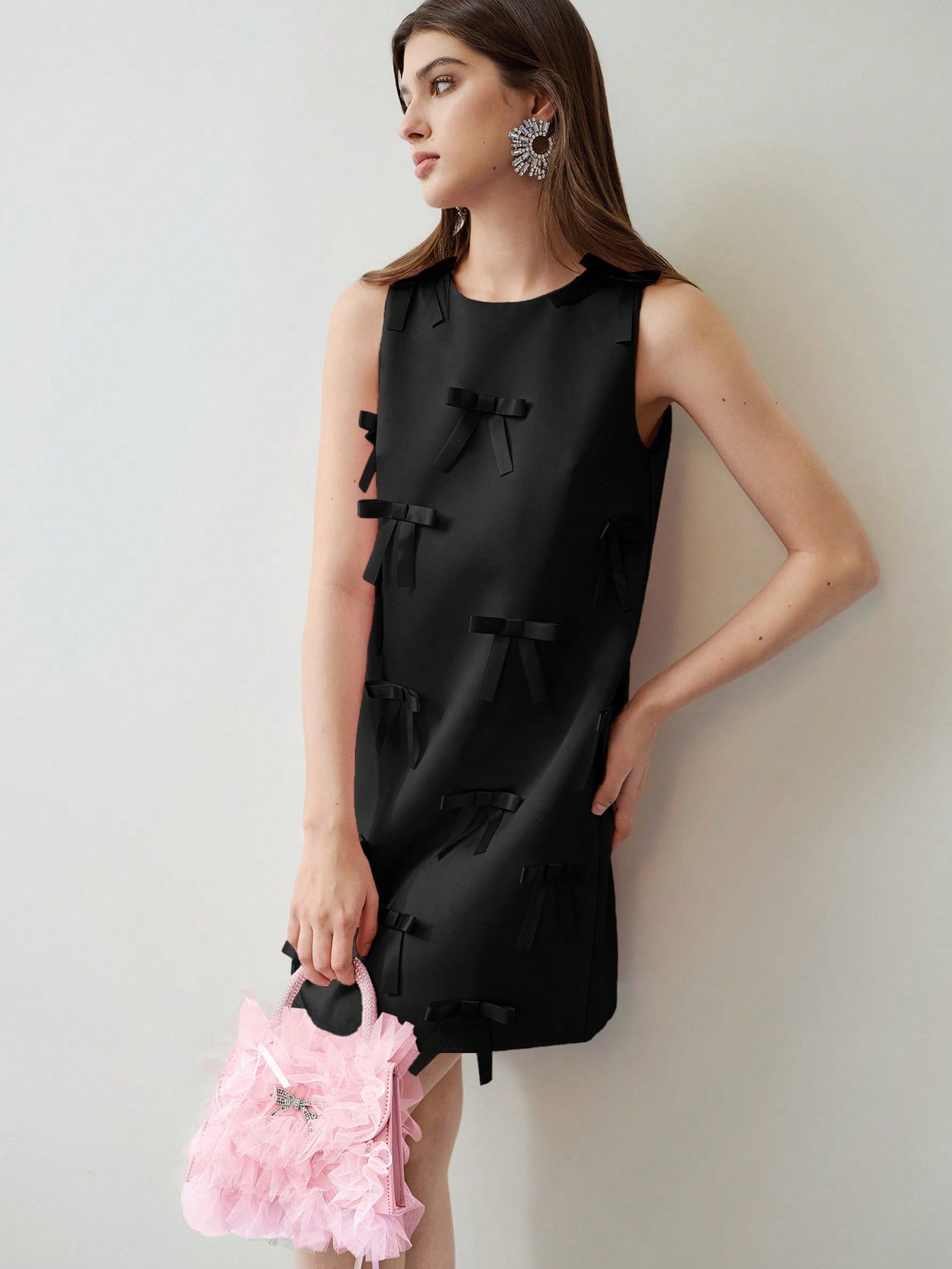 CM-DS900220 Women Elegant Seoul Style Round Neck Sleeveless Bow Decor Short Dress - Black