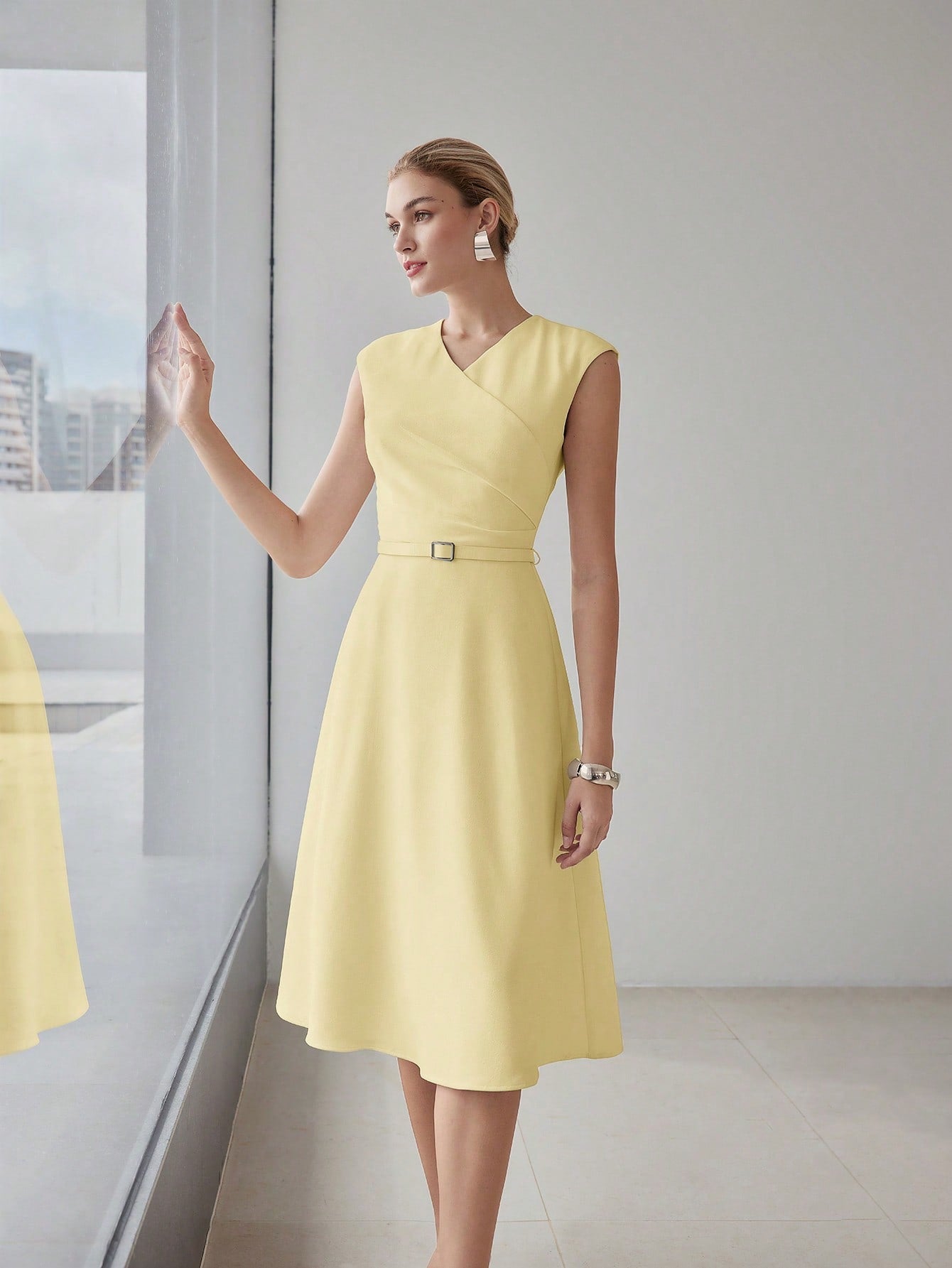 CM-DS170813 Women Elegant Seoul Style V-Neck Cap Sleeve Fold Pleated Belted Midi Dress - Yellow
