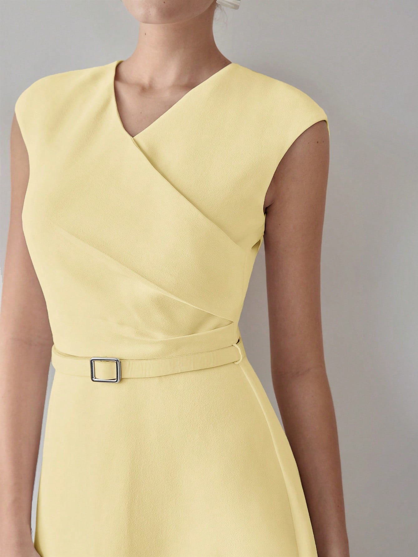 CM-DS170813 Women Elegant Seoul Style V-Neck Cap Sleeve Fold Pleated Belted Midi Dress - Yellow