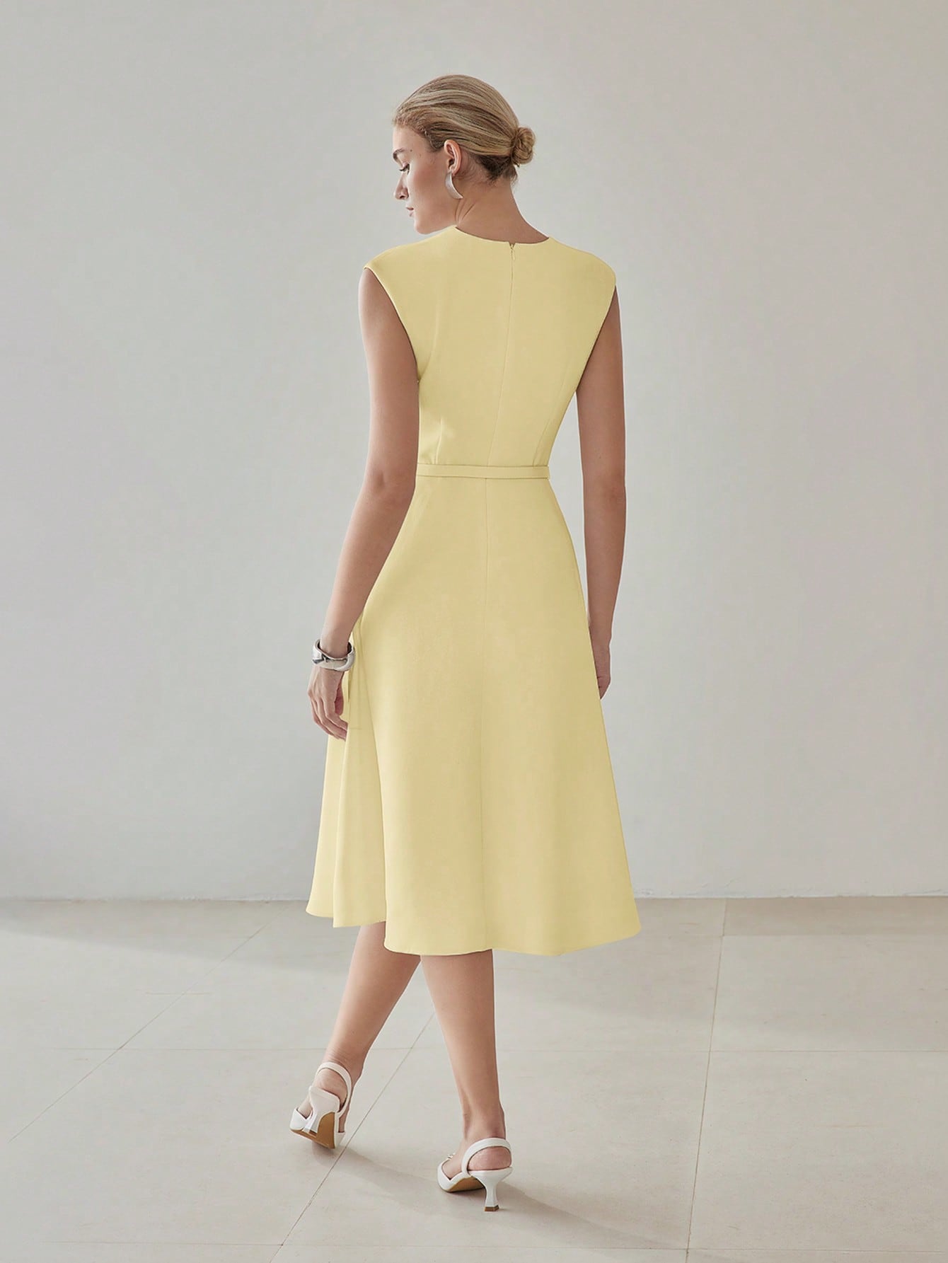CM-DS170813 Women Elegant Seoul Style V-Neck Cap Sleeve Fold Pleated Belted Midi Dress - Yellow
