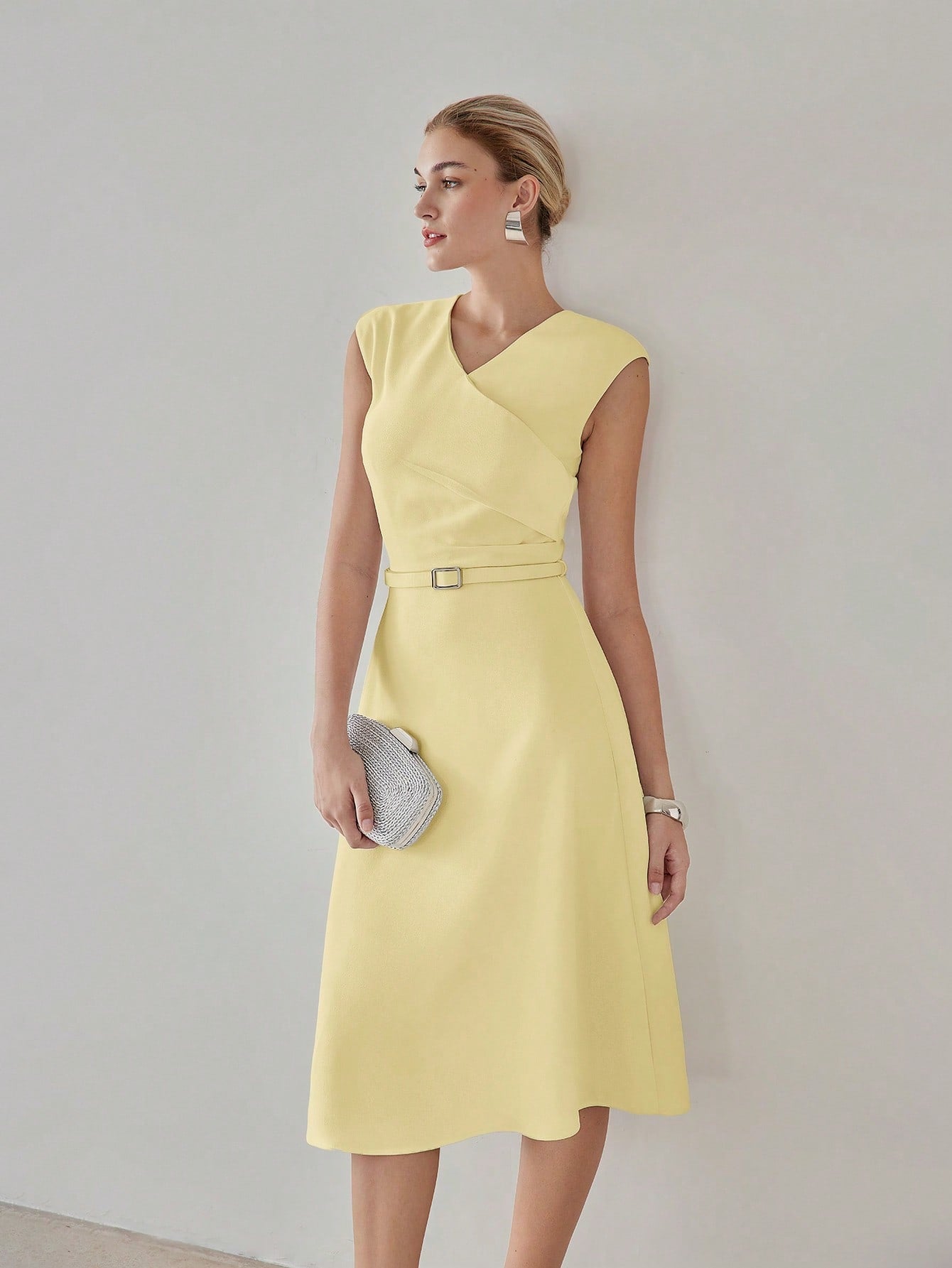 CM-DS170813 Women Elegant Seoul Style V-Neck Cap Sleeve Fold Pleated Belted Midi Dress - Yellow