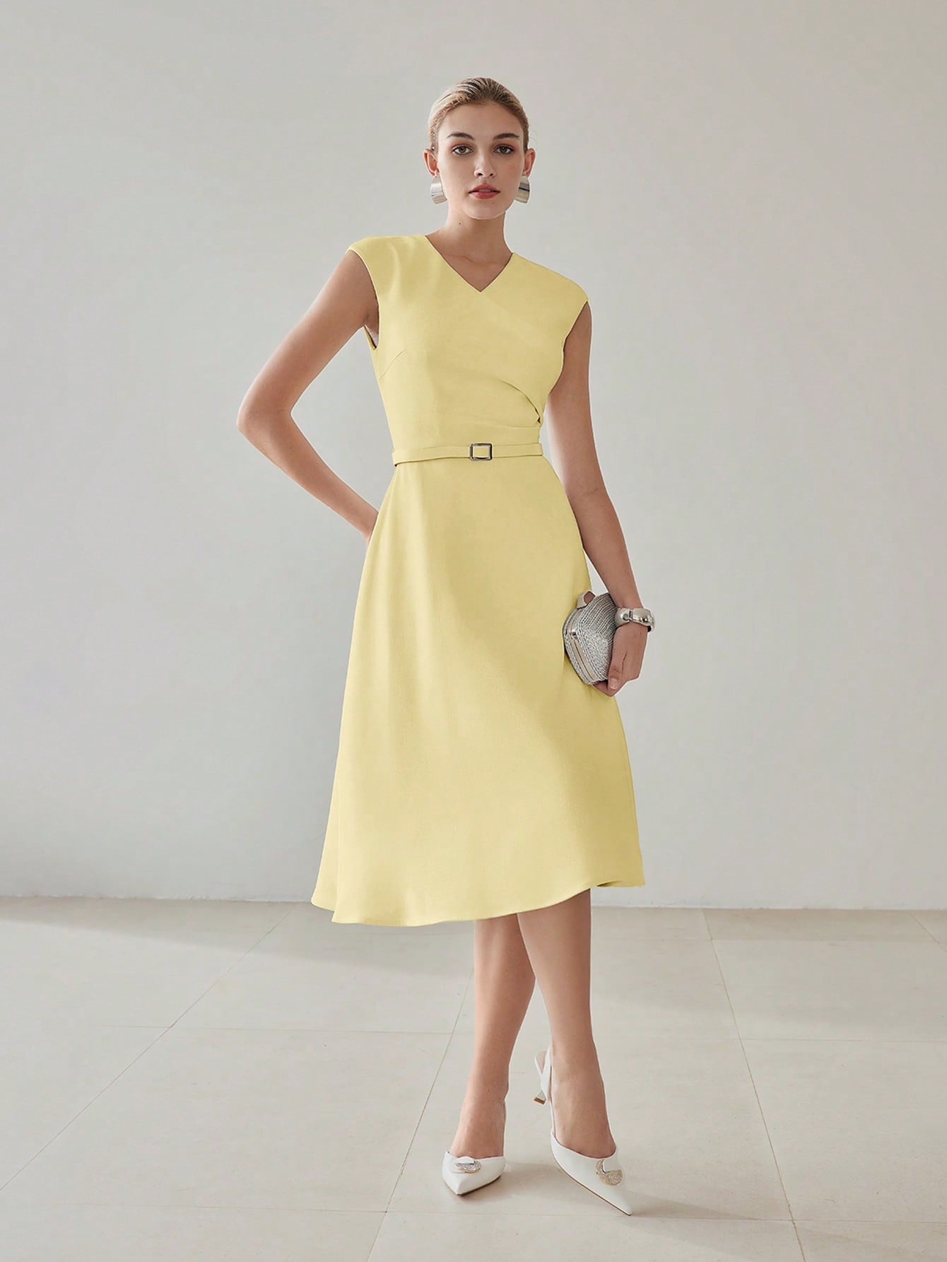 CM-DS170813 Women Elegant Seoul Style V-Neck Cap Sleeve Fold Pleated Belted Midi Dress - Yellow