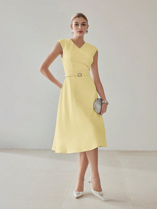 CM-DS170813 Women Elegant Seoul Style V-Neck Cap Sleeve Fold Pleated Belted Midi Dress - Yellow